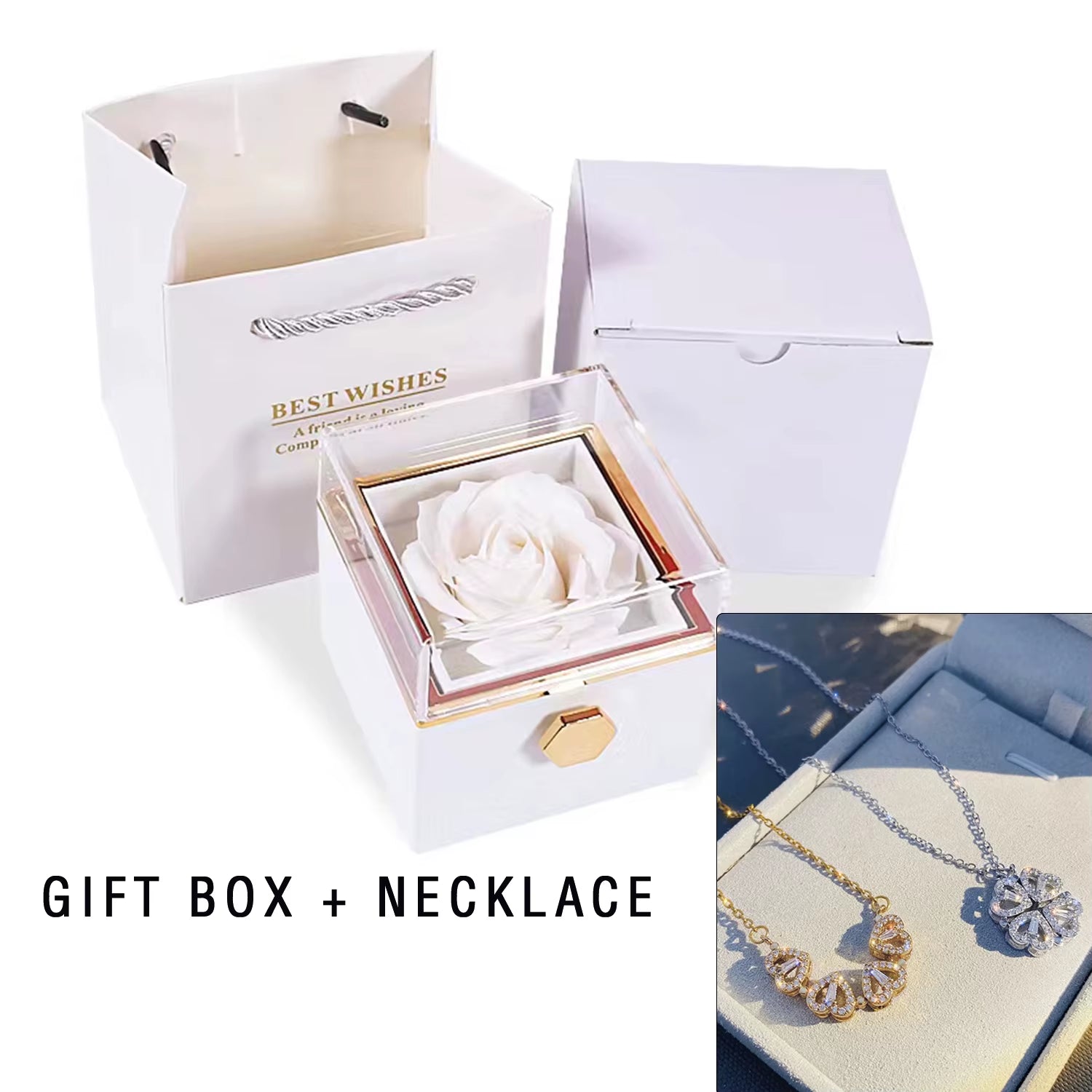 New Valentine Eternal Rose Jewelry Ring Box Rotate Wedding Clover Pendant Necklace Storage Case for Women Valentine'S Day Gift