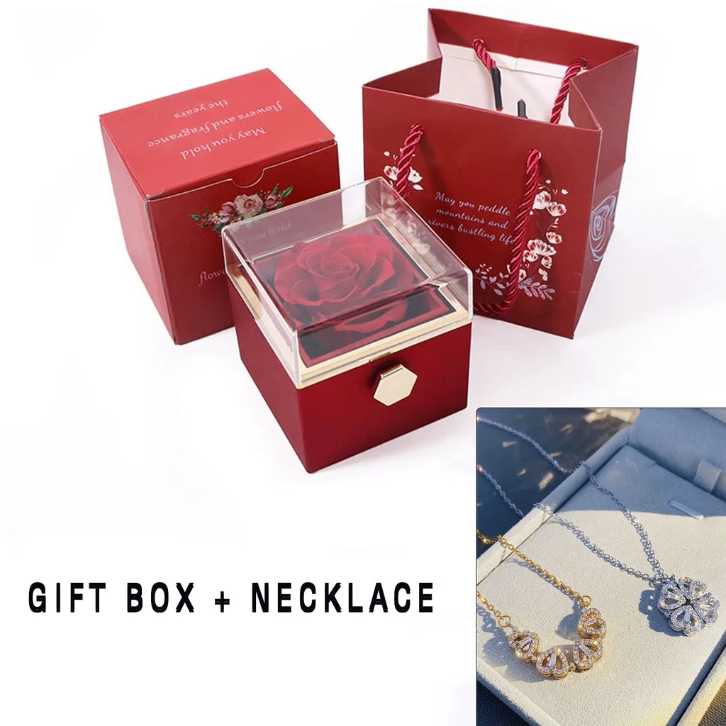 New Valentine Eternal Rose Jewelry Ring Box Rotate Wedding Clover Pendant Necklace Storage Case for Women Valentine'S Day Gift