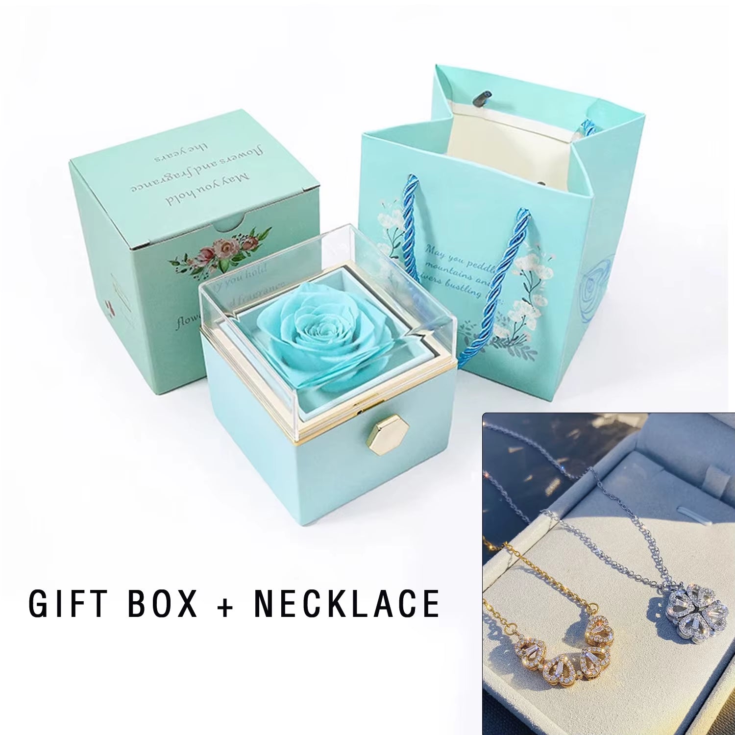 New Valentine Eternal Rose Jewelry Ring Box Rotate Wedding Clover Pendant Necklace Storage Case for Women Valentine'S Day Gift
