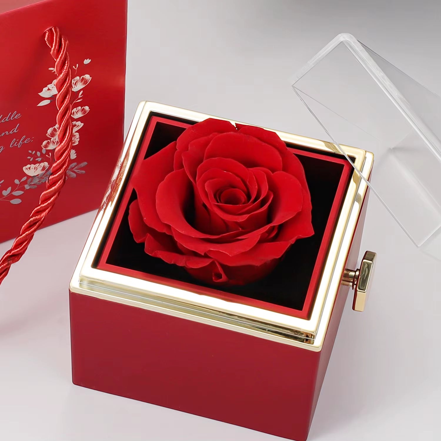 New Valentine Eternal Rose Jewelry Ring Box Rotate Wedding Clover Pendant Necklace Storage Case for Women Valentine'S Day Gift