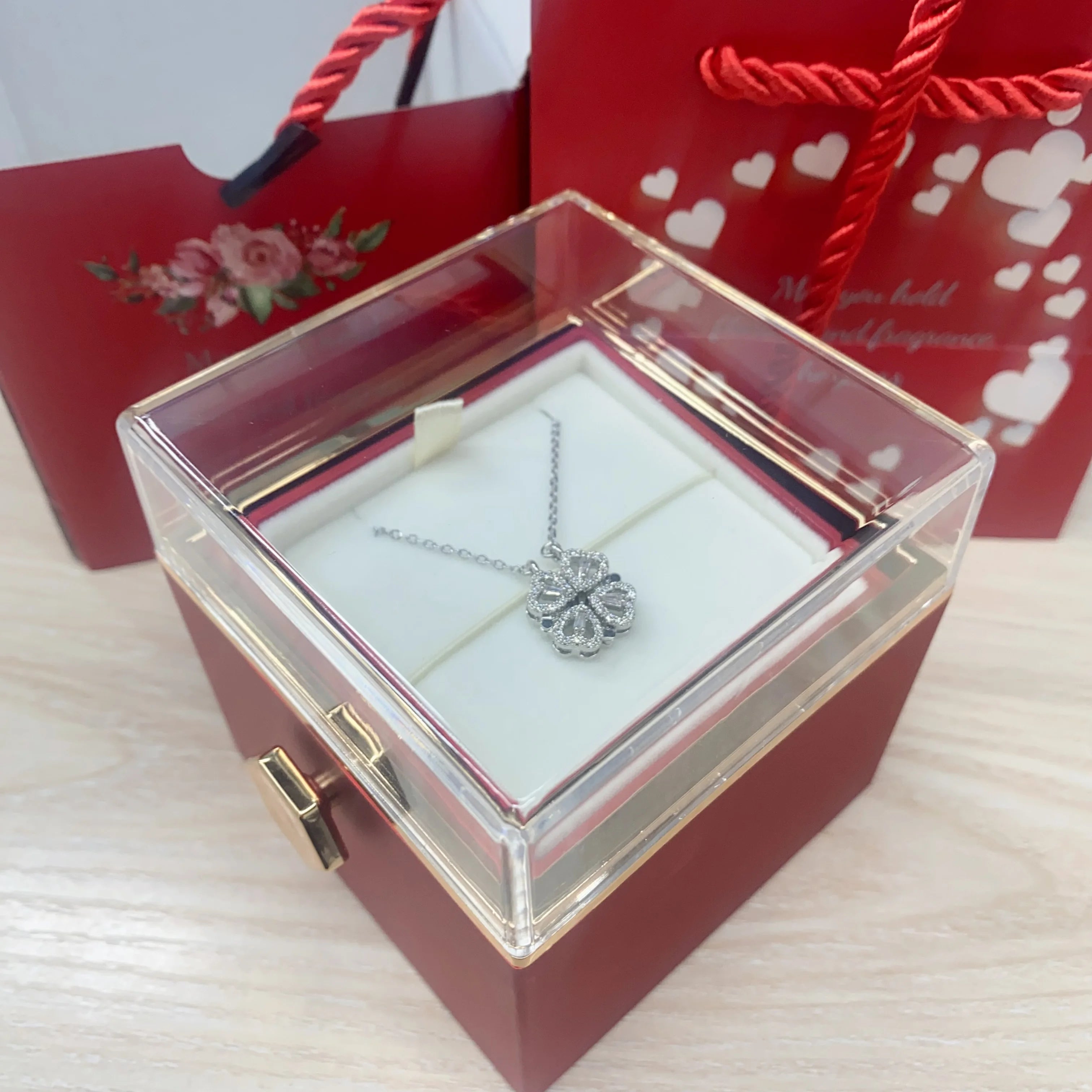 New Valentine Eternal Rose Jewelry Ring Box Rotate Wedding Clover Pendant Necklace Storage Case for Women Valentine'S Day Gift