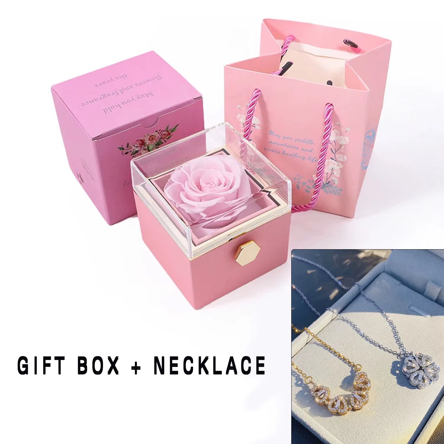New Valentine Eternal Rose Jewelry Ring Box Rotate Wedding Clover Pendant Necklace Storage Case for Women Valentine'S Day Gift