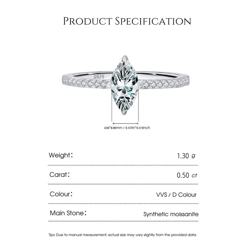 Drinsper Simple Marquise Ring - S925 0.5Ct DVVS Colour Synthetic Moissanite Sterling Silver Engagement Ring for Women Girls Elegant Classic Style Suitable for Daily Wearing Birthday Anniversary Jewelry Gift for Her