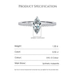 Drinsper Simple Marquise Ring - S925 0.5Ct DVVS Colour Synthetic Moissanite Sterling Silver Engagement Ring for Women Girls Elegant Classic Style Suitable for Daily Wearing Birthday Anniversary Jewelry Gift for Her